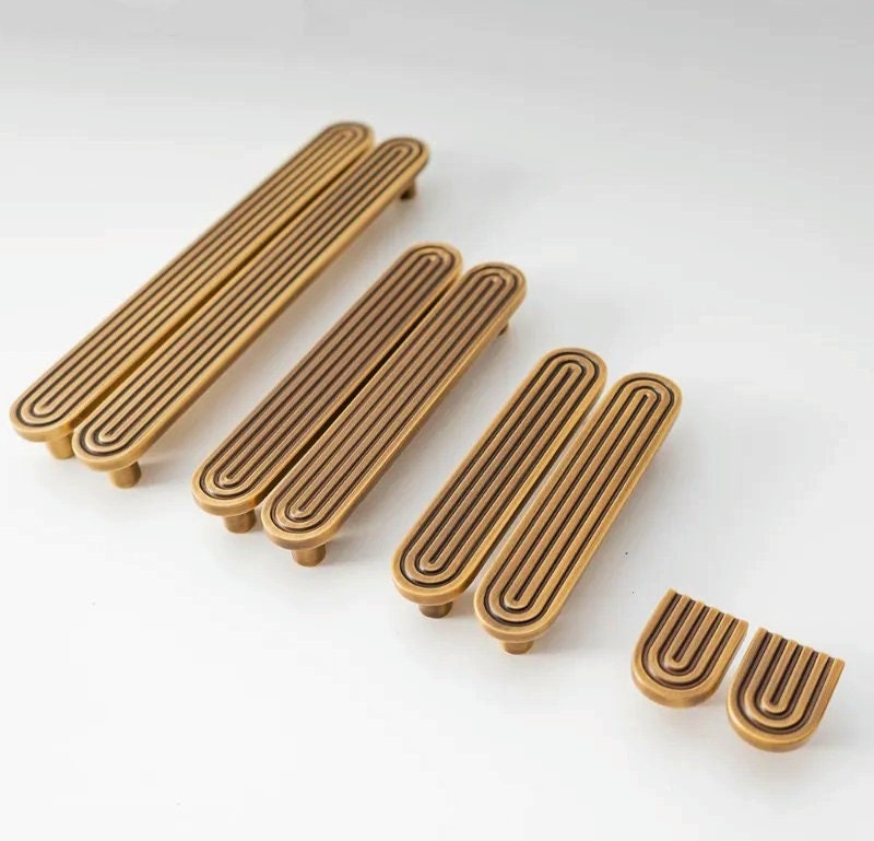 Aged brass retro pattern bar handle/Bronze brass bar handle/gold echo pattern drawer pull/kitchen furniture hardware/mid century modern