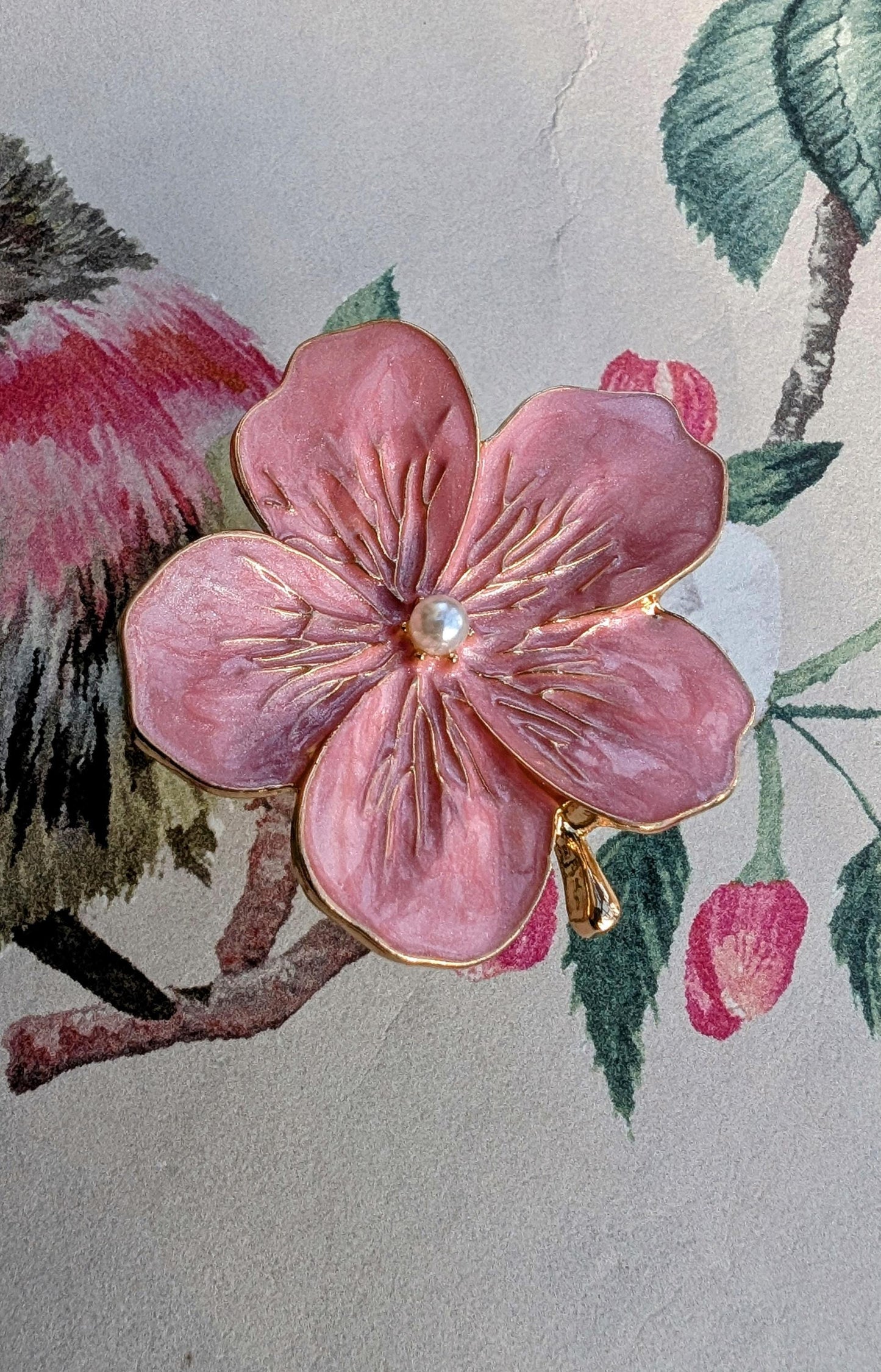 Pink enamel and faux pearl cherry blossom cabinet handle/Pink flower drawer pull/Pink and gold bloom door knob/bedroom furniture hardware
