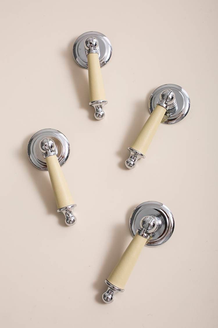 Neutral colour leather and silver drop drawer handle/Silver brown and cream leather drop cabinet pull/Chrome drop handle wrapped in leather