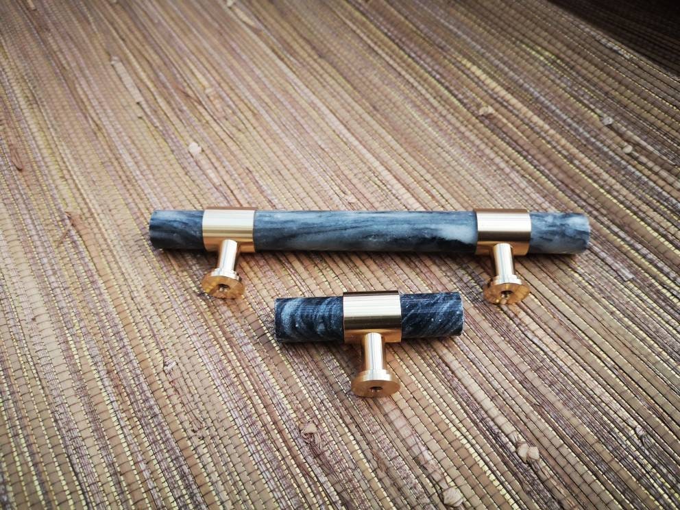 Smoke grey marble and brass bar handle/gray marble drawer pull/stone furniture hardware/marble and brass cabinet pull/Marble door handle