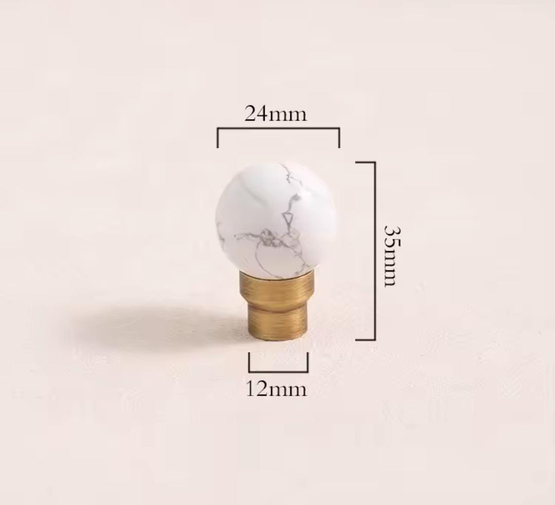 Bronze bar handle resting on white marbl ball/Bronze and marble stone cabinet handle/Semi precious stone and aged brass furniture hardware