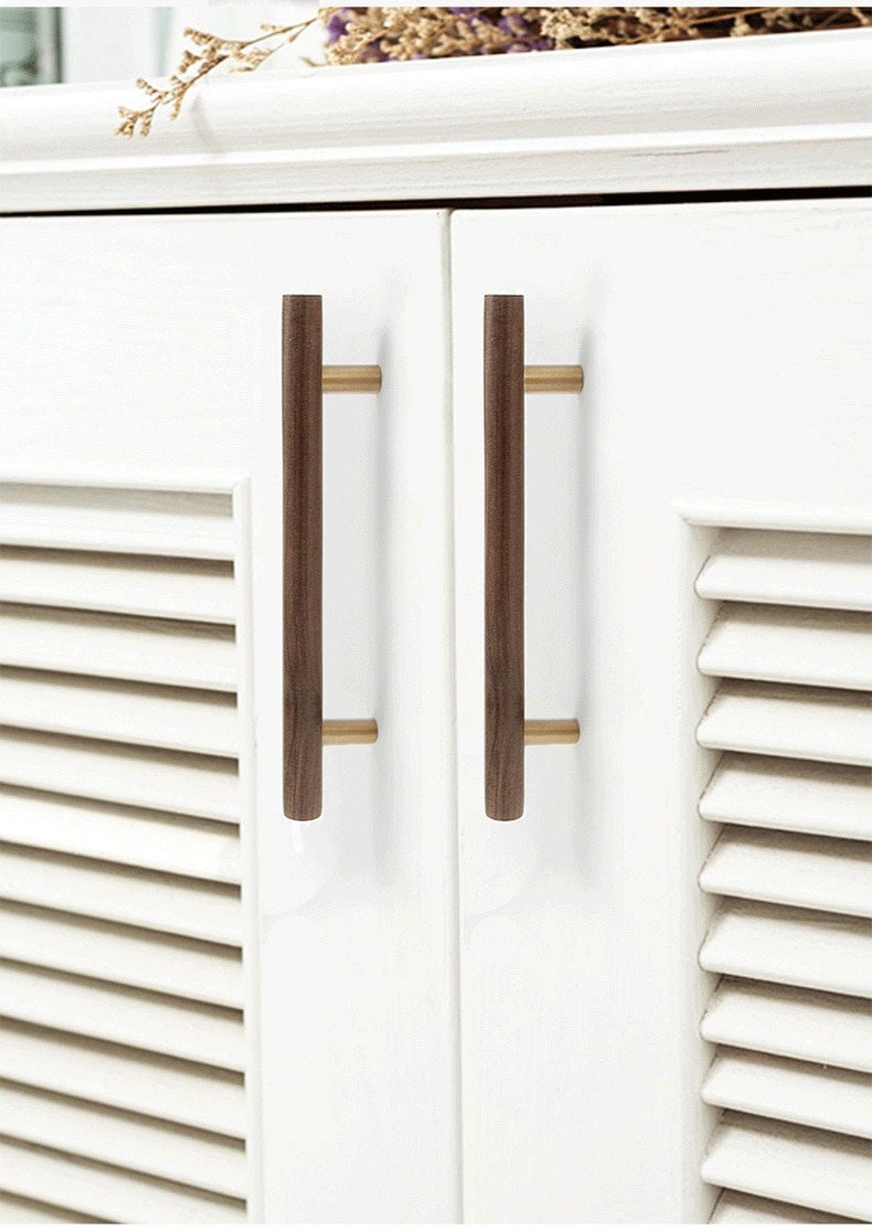 Simple smooth walnut and Brass cabinet bar handle/Dark wooden drawer pull/Wooden furniture hardware/Walnut wood and gold brass door handle