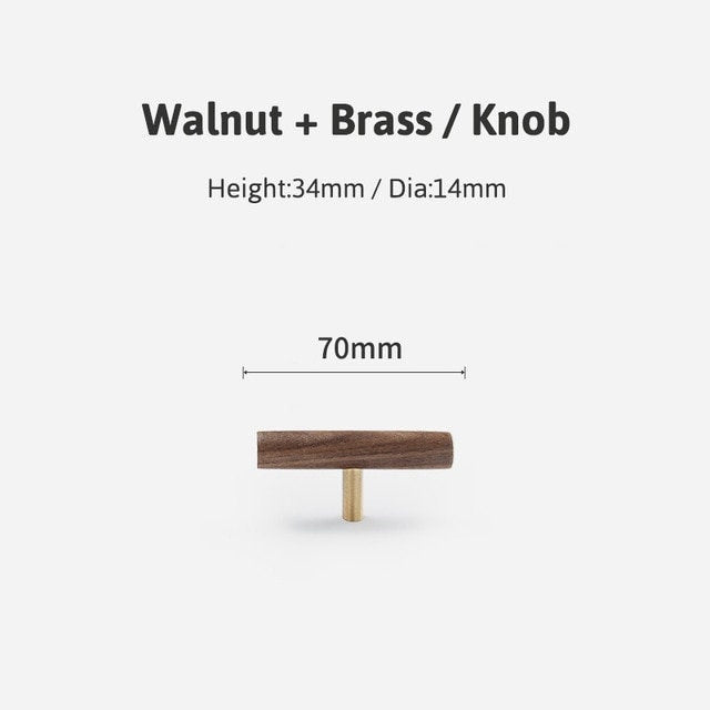 Simple smooth walnut and Brass cabinet bar handle/Dark wooden drawer pull/Wooden furniture hardware/Walnut wood and gold brass door handle