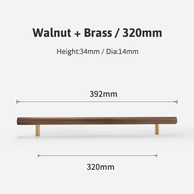 Simple smooth walnut and Brass cabinet bar handle/Dark wooden drawer pull/Wooden furniture hardware/Walnut wood and gold brass door handle