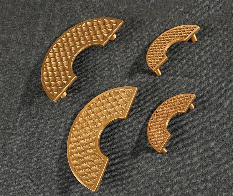 A Pair of Gold brass Fish Scale Cabinet Pulls/half circle wardrobe handles/statement handles/large cabinet handles/Semi circle drawer handle