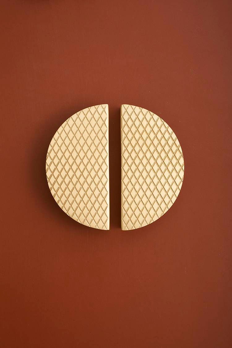 1 Pair of patterned brass semi circle handles/2 x demi lune drawer pulls/large cabinet handles/large gold textured metal semi circle handles