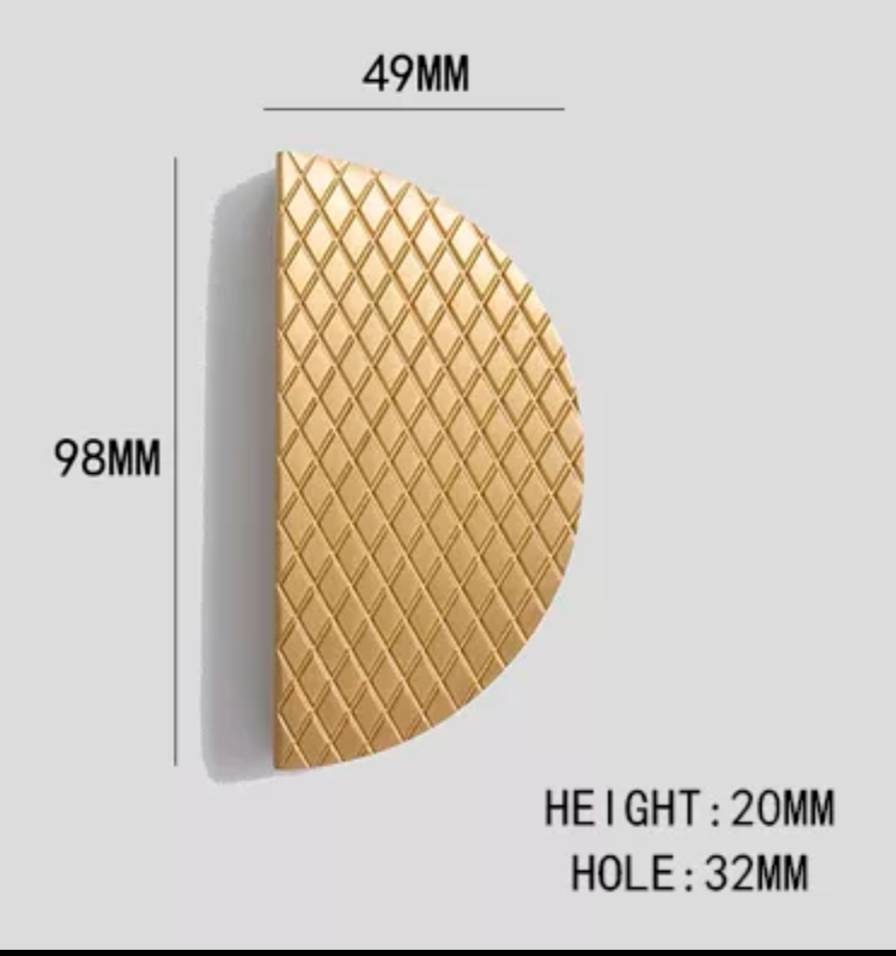 1 Pair of patterned brass semi circle handles/2 x demi lune drawer pulls/large cabinet handles/large gold textured metal semi circle handles