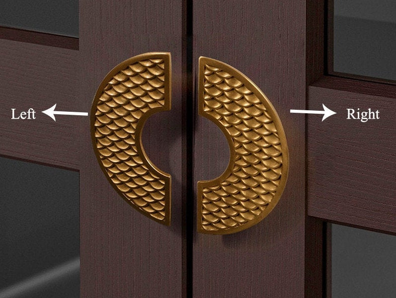 A Pair of Gold brass Fish Scale Cabinet Pulls/half circle wardrobe handles/statement handles/large cabinet handles/Semi circle drawer handle