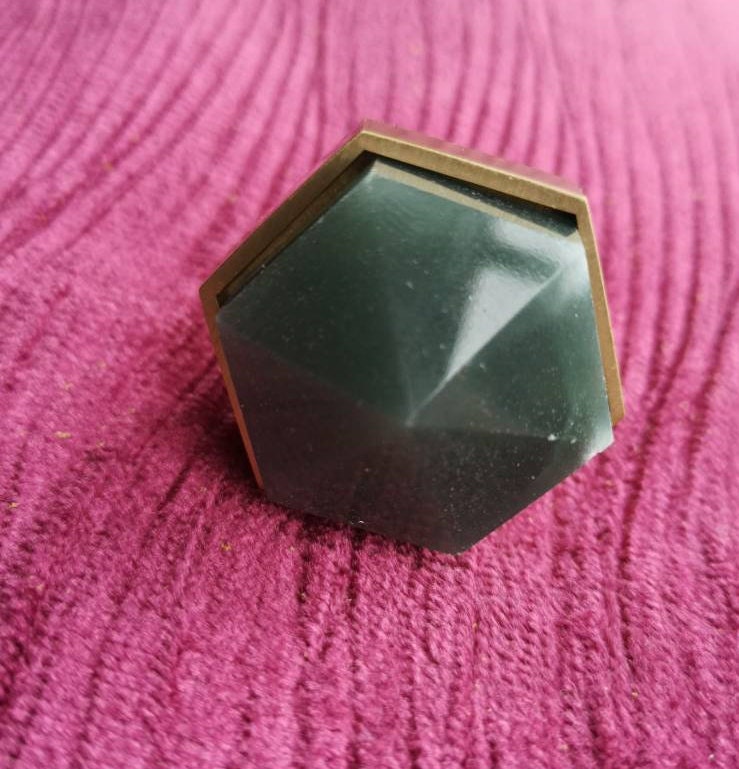 Green jade hexagonal shaped drawer pull/Green semi precious stone and brass cabinet handle/Geometric door knob/stone furniture hardware