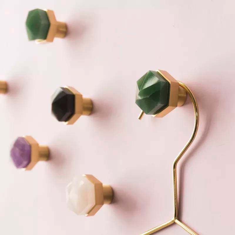 Green jade hexagonal shaped drawer pull/Green semi precious stone and brass cabinet handle/Geometric door knob/stone furniture hardware
