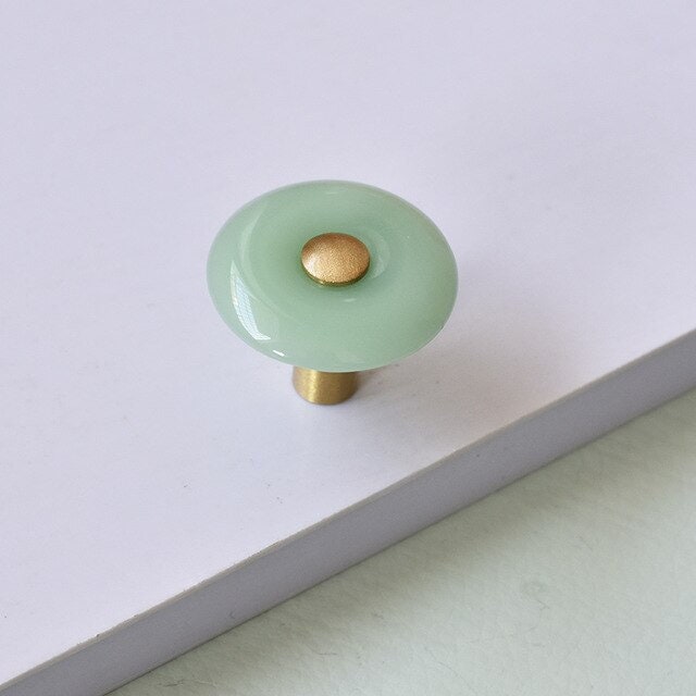 Round green or white resin and brass drawer handle/Green or white cabinet pull/Round brass and green resin door knob/Green drawer knob/MCM