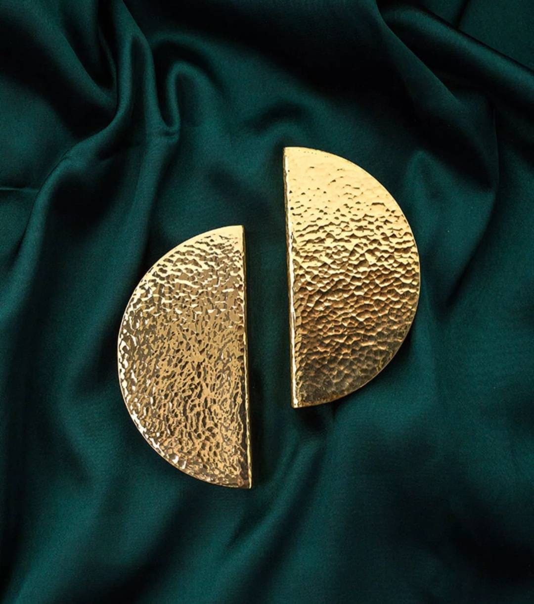 1 Pair of hammered brass semi circle handles/ 2 x demi lune drawer pulls/large cabinet handles/large gold textured metal semi circle handles