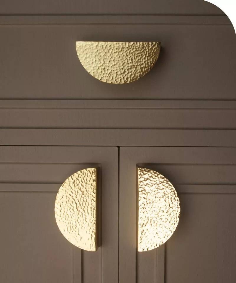 1 Pair of hammered brass semi circle handles/ 2 x demi lune drawer pulls/large cabinet handles/large gold textured metal semi circle handles