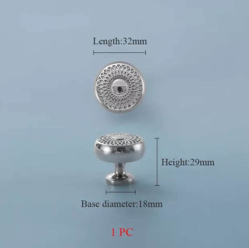 Spirograph design cabinet hardware in gold or silver/semi circle drawer pull and matching round door knob/geometric pattern cabinet handle