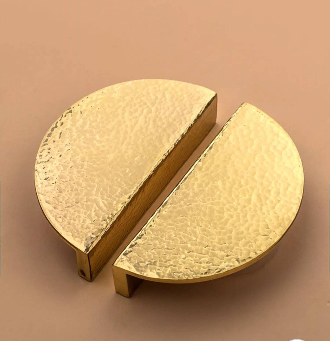 1 Pair of hammered brass semi circle handles/ 2 x demi lune drawer pulls/large cabinet handles/large gold textured metal semi circle handles