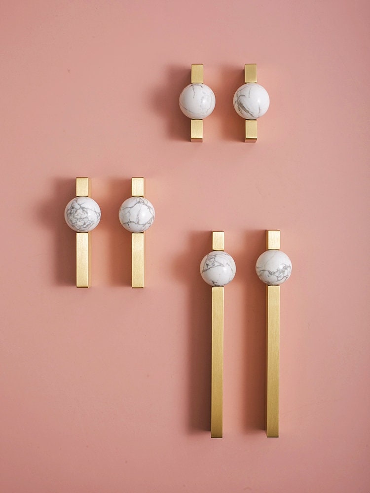 White and grey marble stone ball and brass bar handle/Marble stone drawer pull/unique cabinet handle/IKEA hack/wardrobe door handle