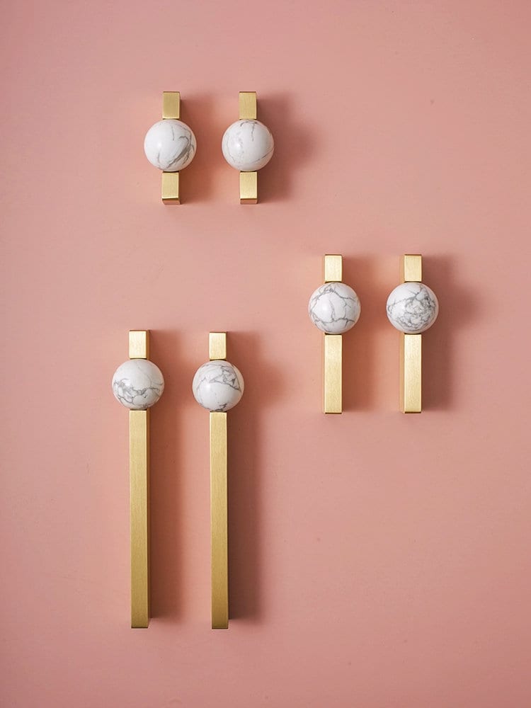 White and grey marble stone ball and brass bar handle/Marble stone drawer pull/unique cabinet handle/IKEA hack/wardrobe door handle