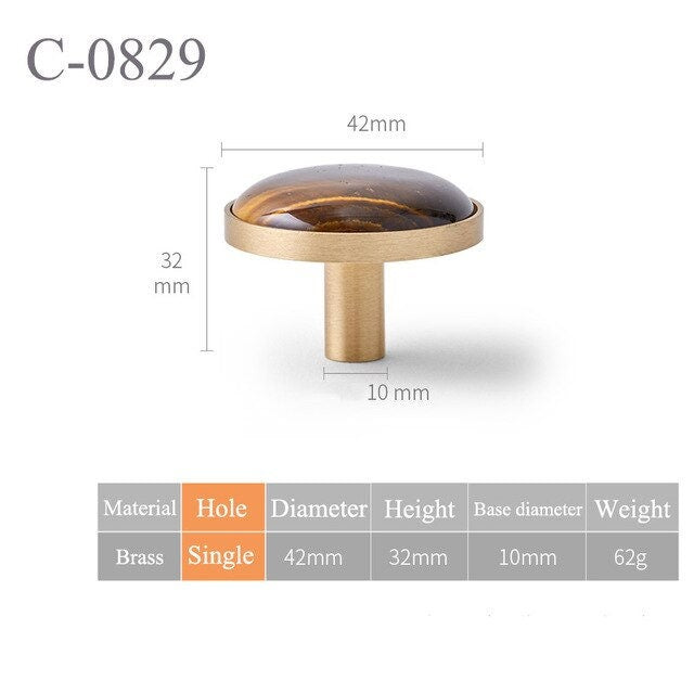 Round polished tiger eye stone and brass drawer pull/Golden brown semi precious stone cabinet handle/Gold gemstone door knob/Stone hardware