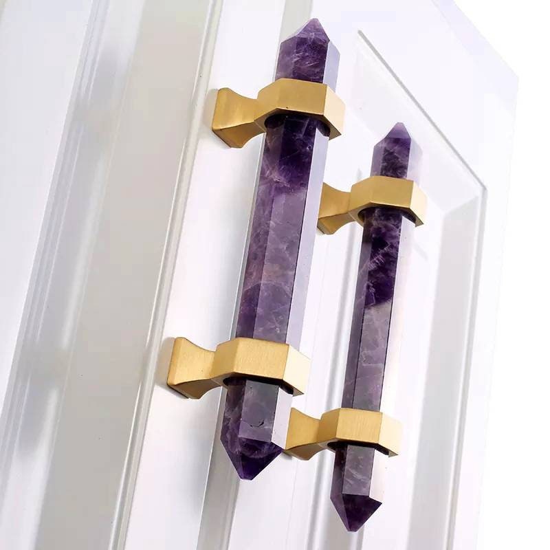 Luxury hexagonal purple amethyst crystal bar handle with gold brass fixings/Purple gemstone drawer pull/stone hardware/Amethyst door handle