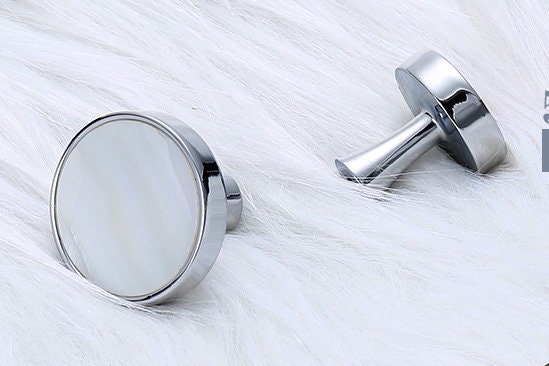 Round bright white mother of pearl and silver drawer handle/White pearl and shiny silver cabinet handle/Pearl shell and silver door knob