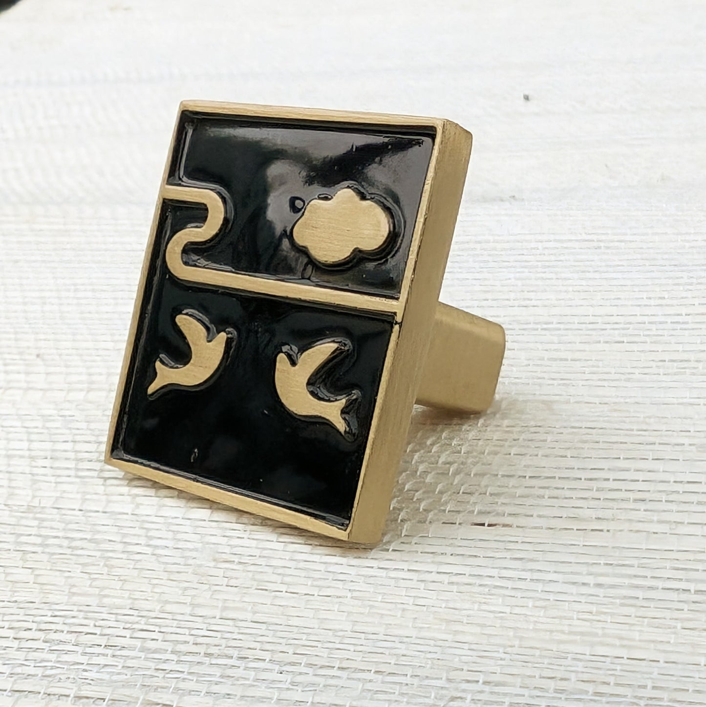 Brass and enamel drawer handle/Black and gold cabinet pull/Bird door knob/nursery furniture hardware/Unusual door handle/Dresser door knob