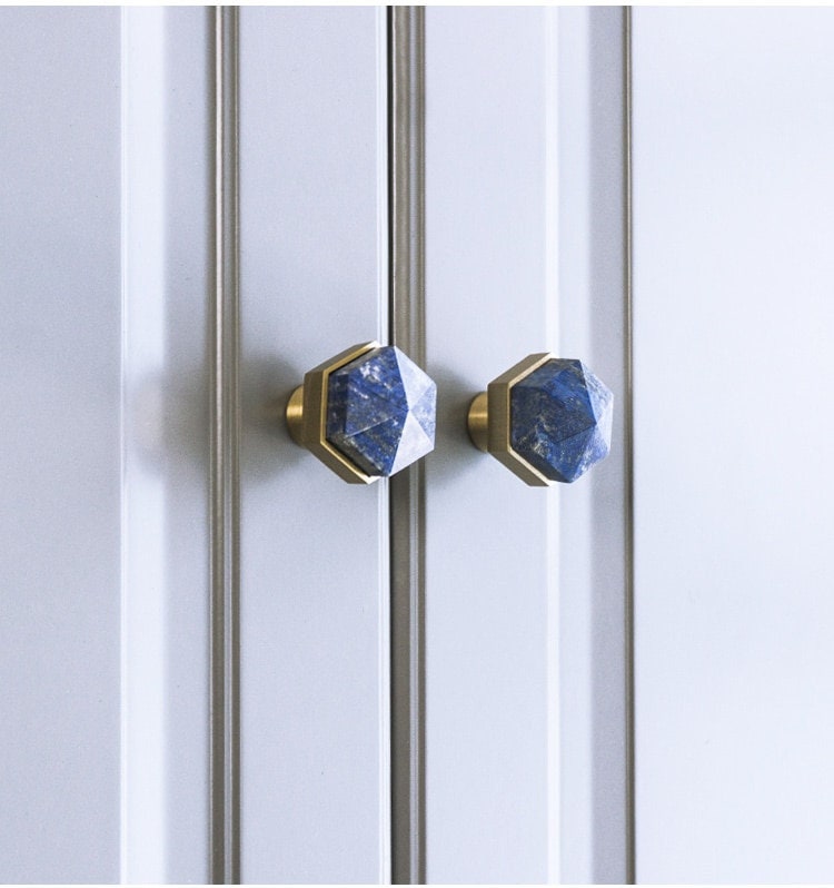 Blue Lapis Lazuli and brass hexagonal drawer pull/Geometric semi precious stone cabinet handle/Gemstone door knob/stone furniture hardware