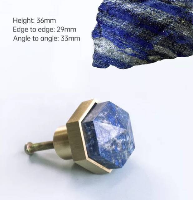Blue Lapis Lazuli and brass hexagonal drawer pull/Geometric semi precious stone cabinet handle/Gemstone door knob/stone furniture hardware