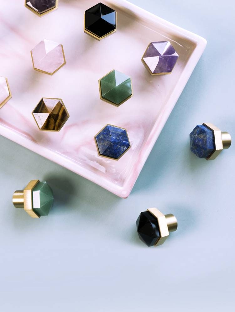Blue Lapis Lazuli and brass hexagonal drawer pull/Geometric semi precious stone cabinet handle/Gemstone door knob/stone furniture hardware