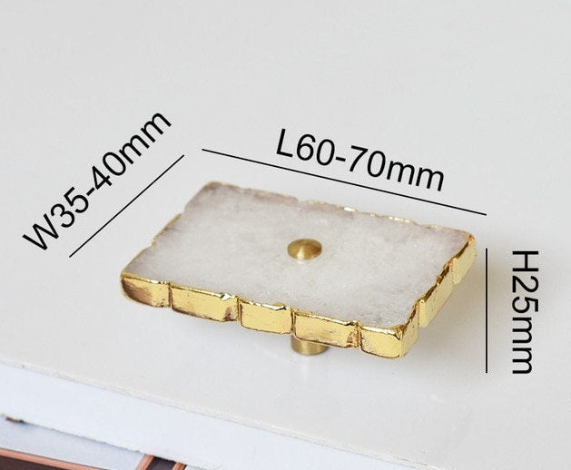 Large white or pink rose quartz rectangle drawer pull with gold edges/Pink gemstone slice cabinet handle/Square crystal slice door handle