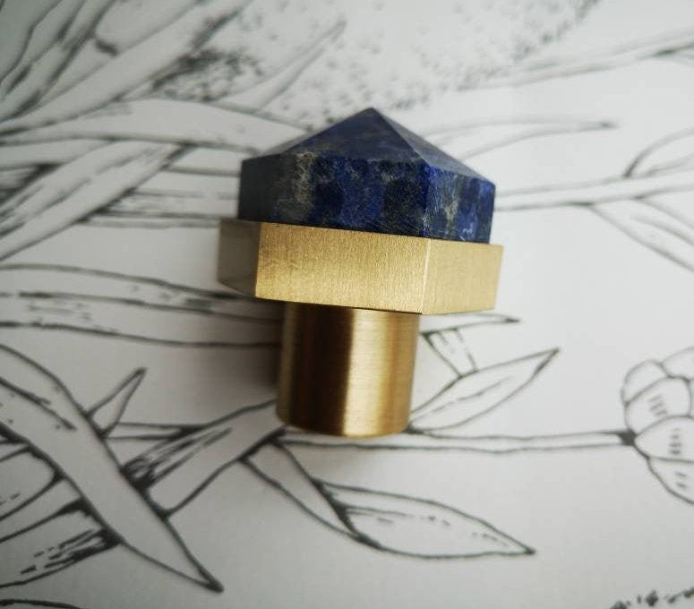 Blue Lapis Lazuli and brass hexagonal drawer pull/Geometric semi precious stone cabinet handle/Gemstone door knob/stone furniture hardware