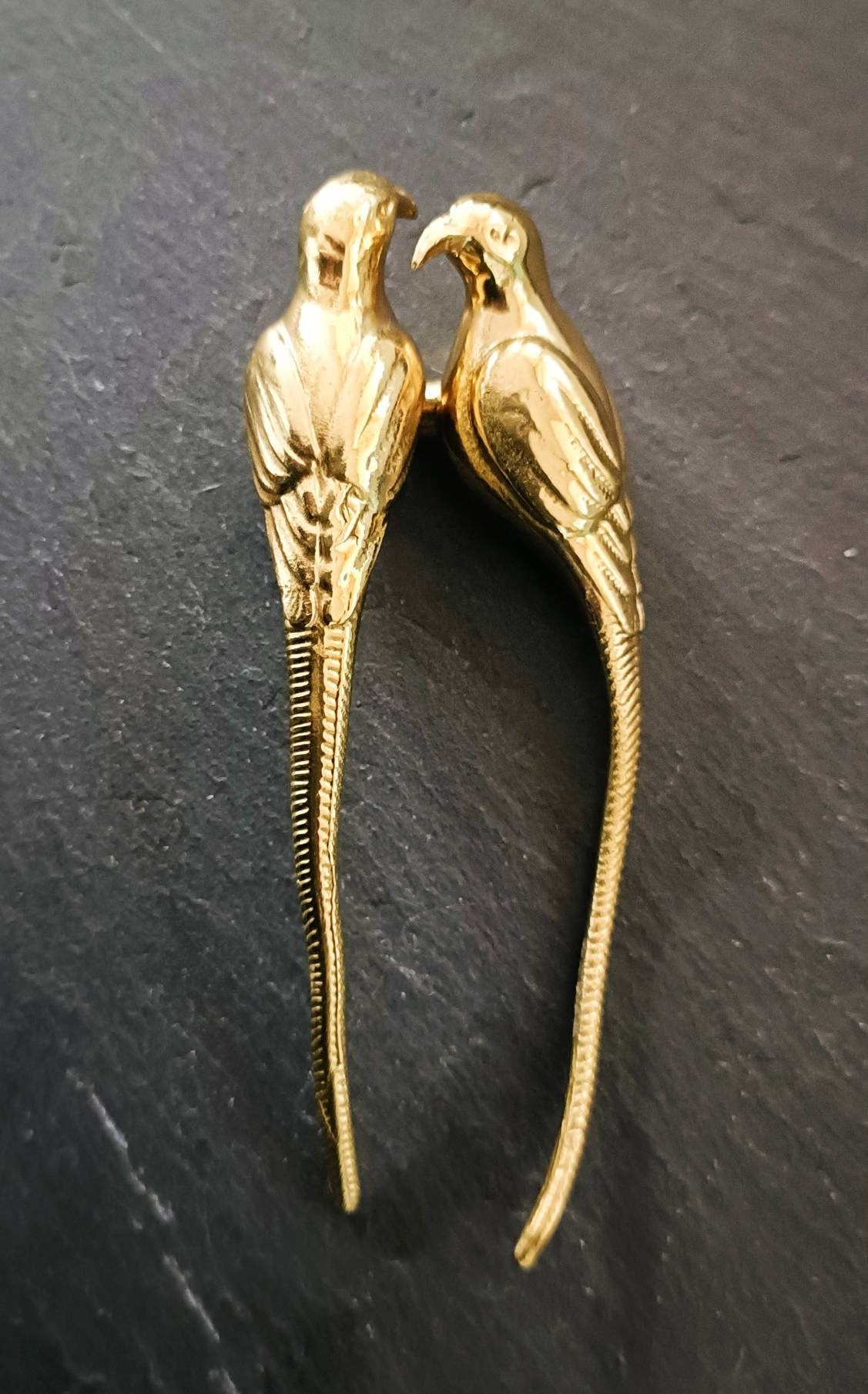 Small solid brass parrot cabinet pull/Gold bird shaped door handle/Parakeet bird design drawer pull/Unique gold brass furniture hardware