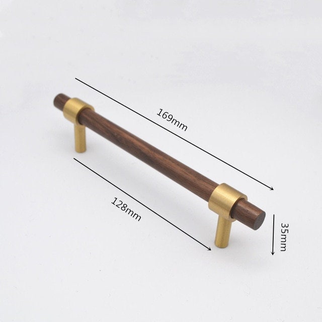 Dark brown wood and gold brass cylindrical shaped bar handle/wooden drawer pull/kitchen furniture hardware/modern cabinet handle/simple look