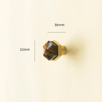 Golden Brown Tiger Eye hexagonal cabinet handle/Semi precious stone and brass pyramid drawer pull/Geometric brown stone door knob