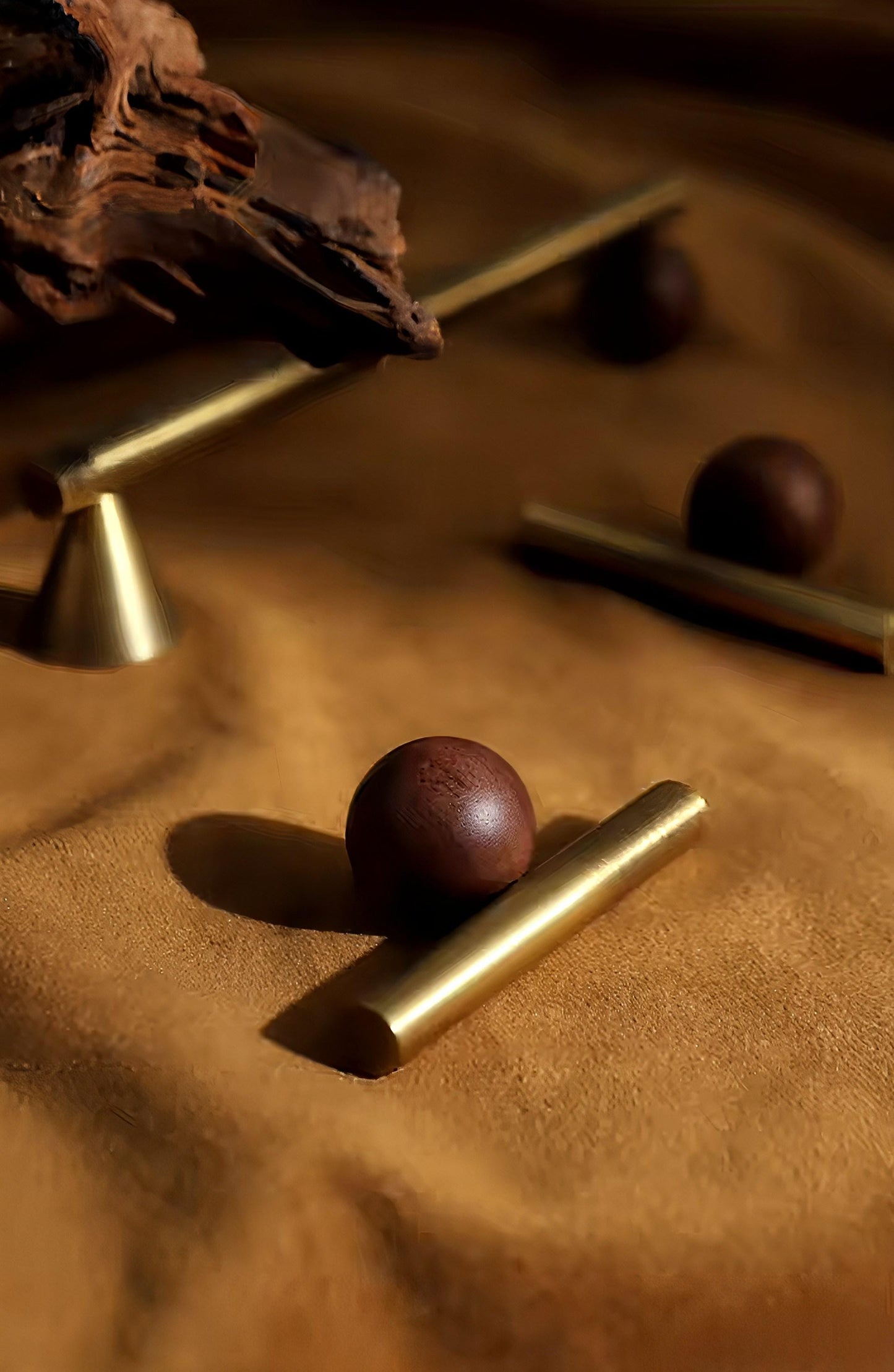 Bronze brass bar handle resting on walnut wood ball/Bronze and wood cabinet handle/Wooden furniture hardware/Bronze brass drawer pull