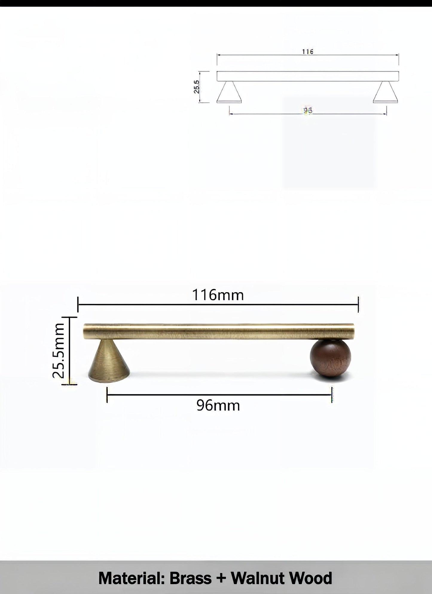 Bronze brass bar handle resting on walnut wood ball/Bronze and wood cabinet handle/Wooden furniture hardware/Bronze brass drawer pull