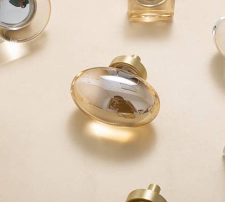 Polished oval crystal and brass cabinet pull/Retro gold glazed egg crystal drawer knob/mid century style smooth polished crystal door handle