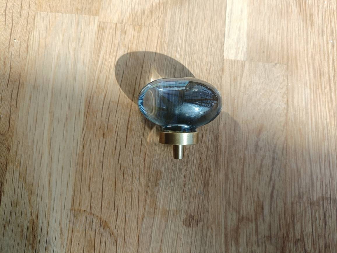 Grey oval crystal and brass cabinet pull/Retro cool grey egg shape crystal drawer knob/mid century style smooth polished crystal door handle