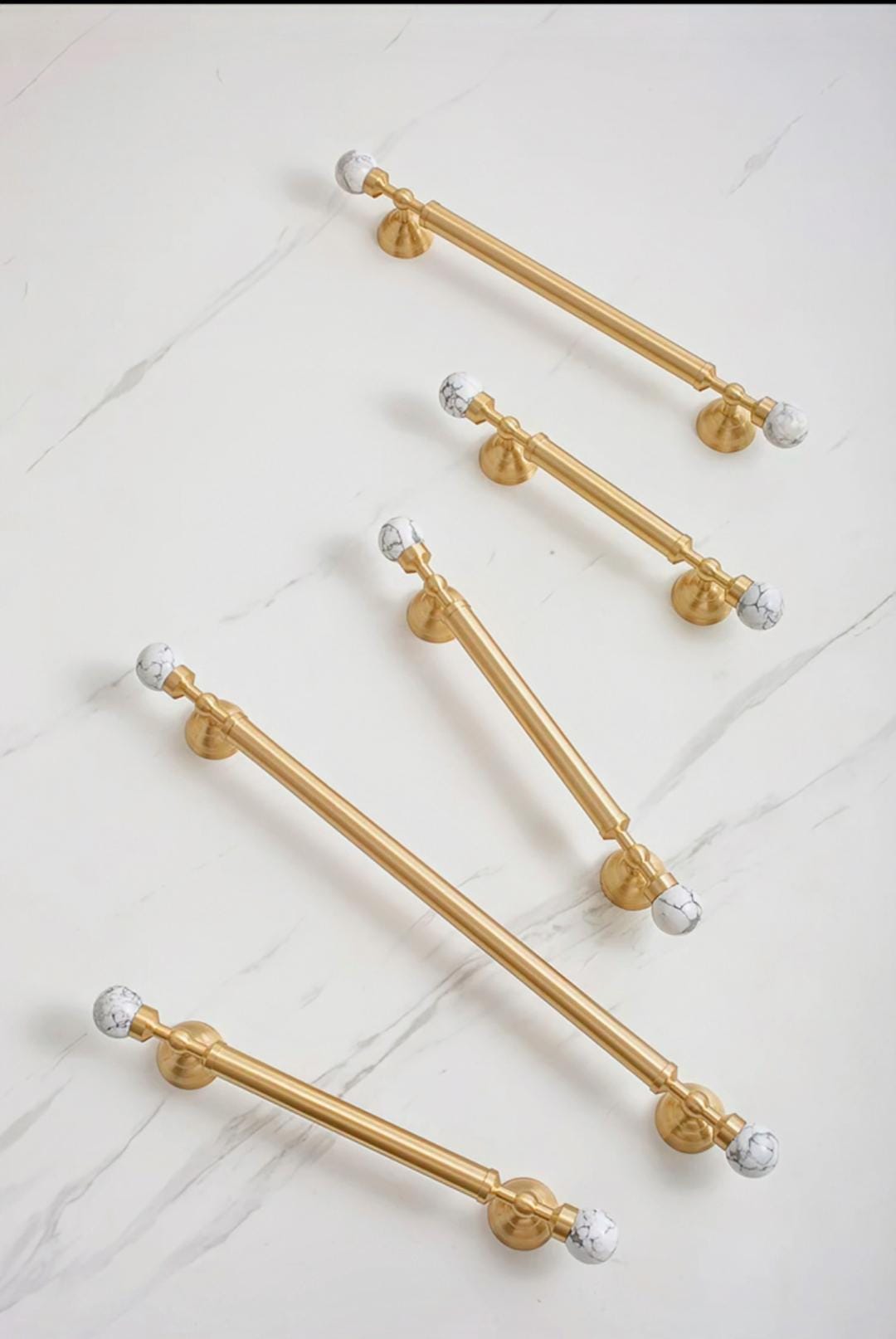 White marble and brass bar handle/Stone and brass drawer pull/unique cabinet handle/IKEA hack/wardrobe door handle/Geometric shaped hardware
