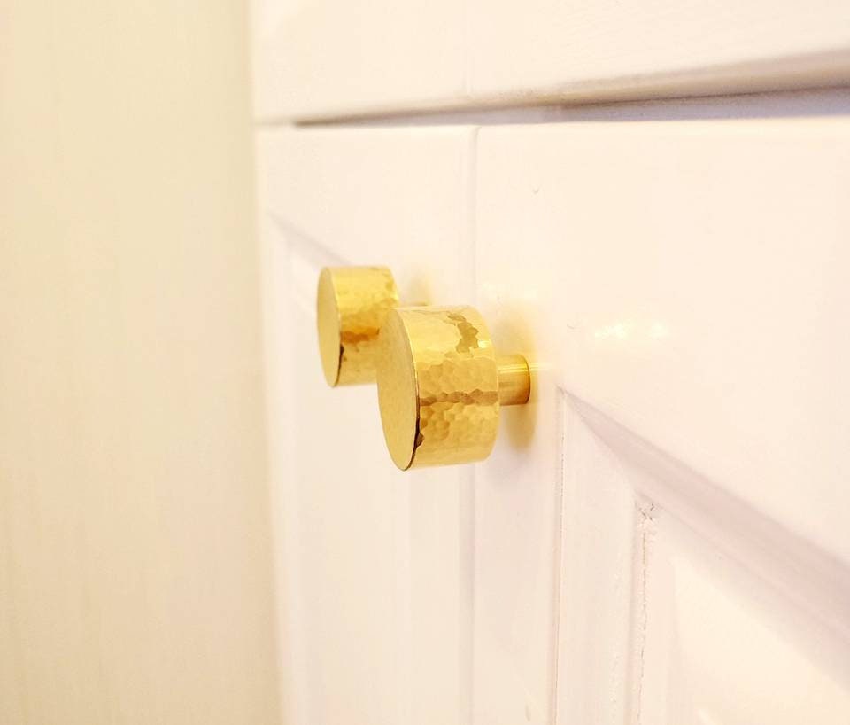 Solid shiny hammered brass round drawer handle/Textured brass cabinet pull/Round inverted gold door knob/Heavy gold brass drawer pull/