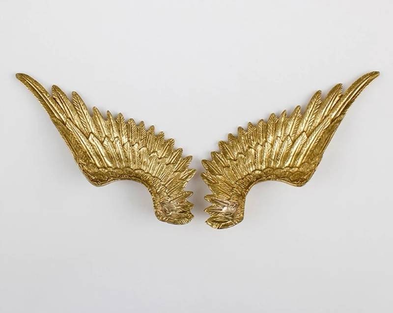 A pair of Large Gold Brass Angel Wing Cabinet Pulls/Feathery wing Door Handles/wardrobe handles/large drawer handle/big statement handles