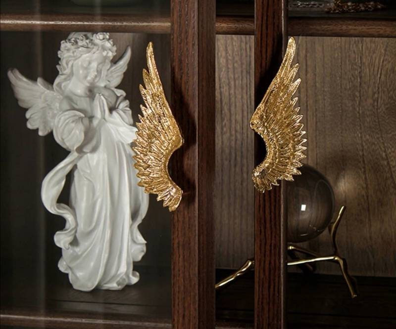 A pair of Large Gold Brass Angel Wing Cabinet Pulls/Feathery wing Door Handles/wardrobe handles/large drawer handle/big statement handles