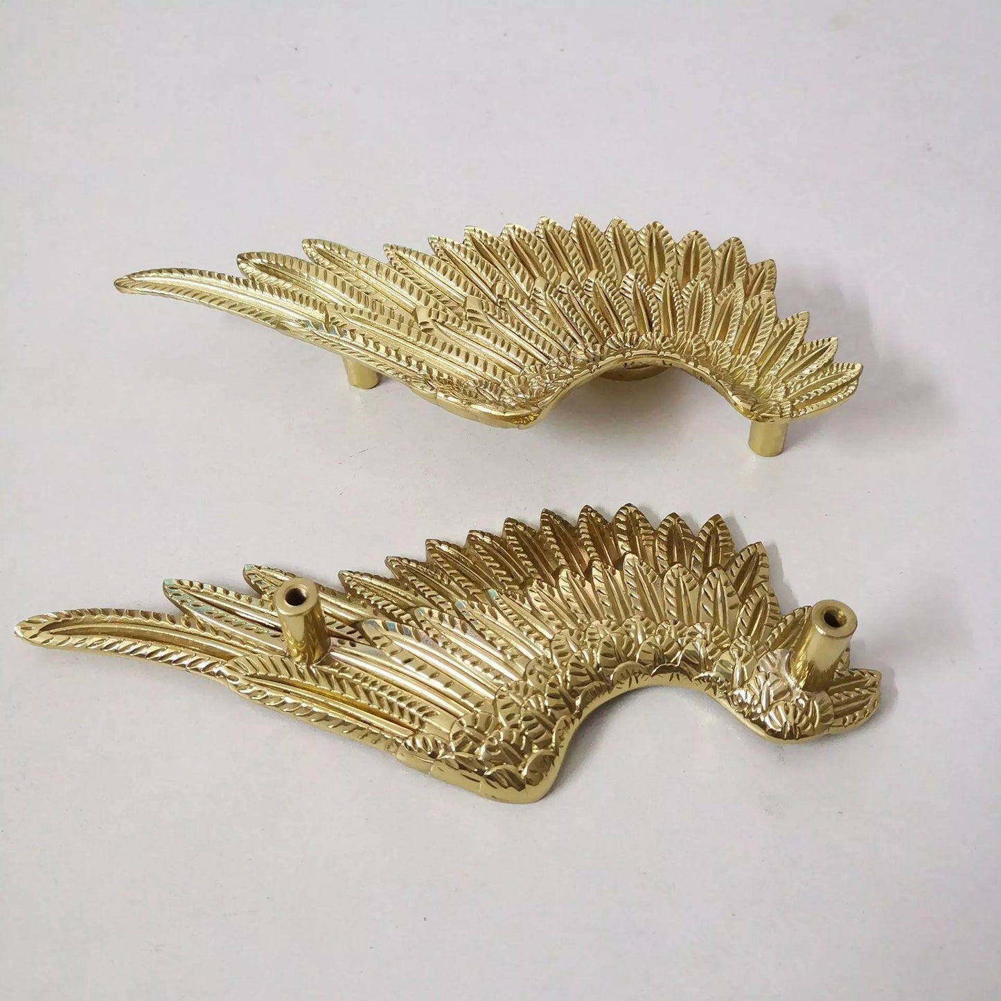 A pair of Large Gold Brass Angel Wing Cabinet Pulls/Feathery wing Door Handles/wardrobe handles/large drawer handle/big statement handles