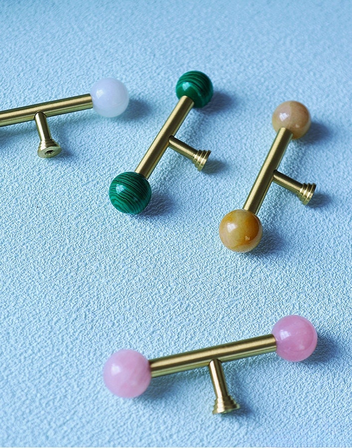 Gold brass bar handle with semi precious stone ball ends/Colourful cabinet handle/Stone furniture hardware/crystal drawer pull/Cabinet pull