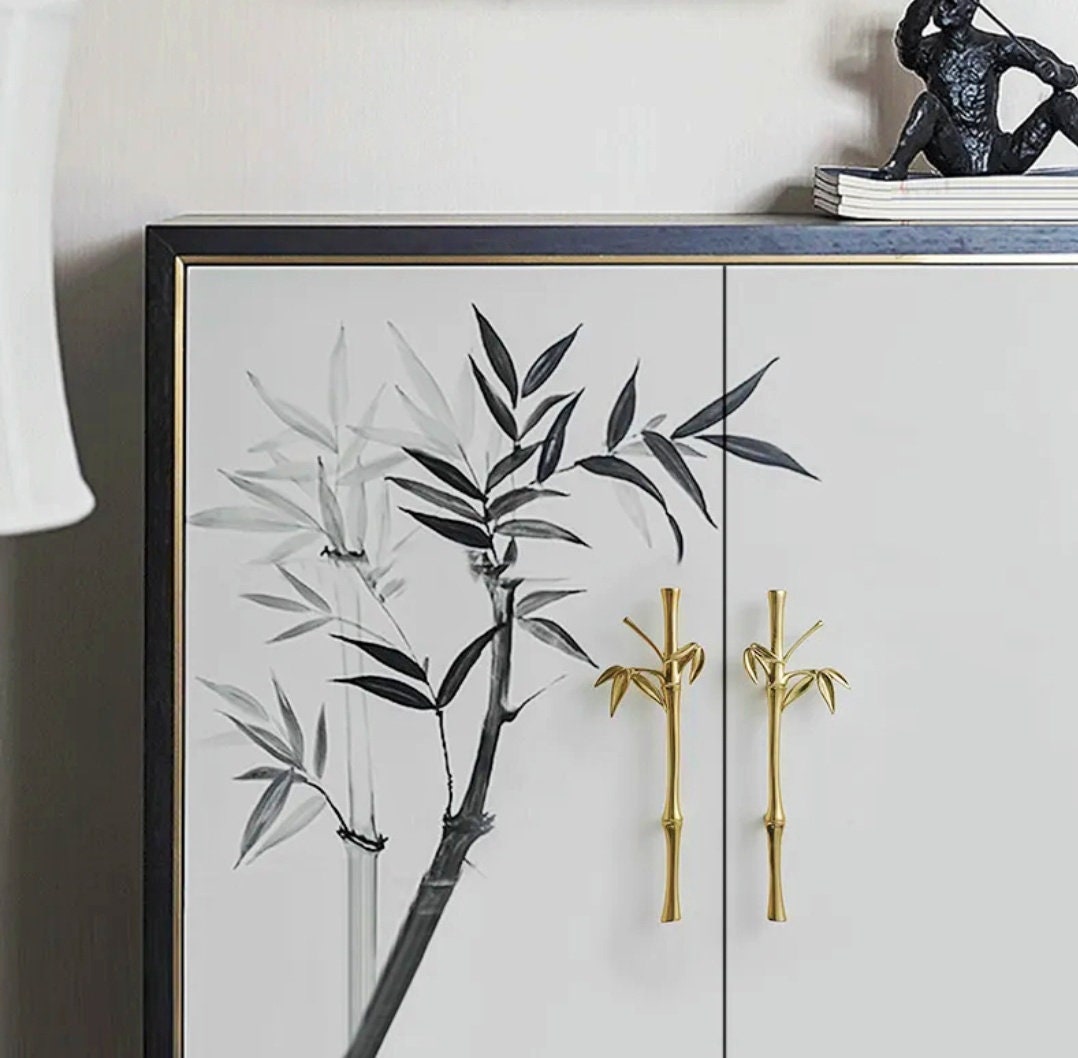 A Pair of shiny gold brass bamboo branch handles/Oriental design door handles/Wardrobe handles/Bamboo design drawer pulls/Brass hardware