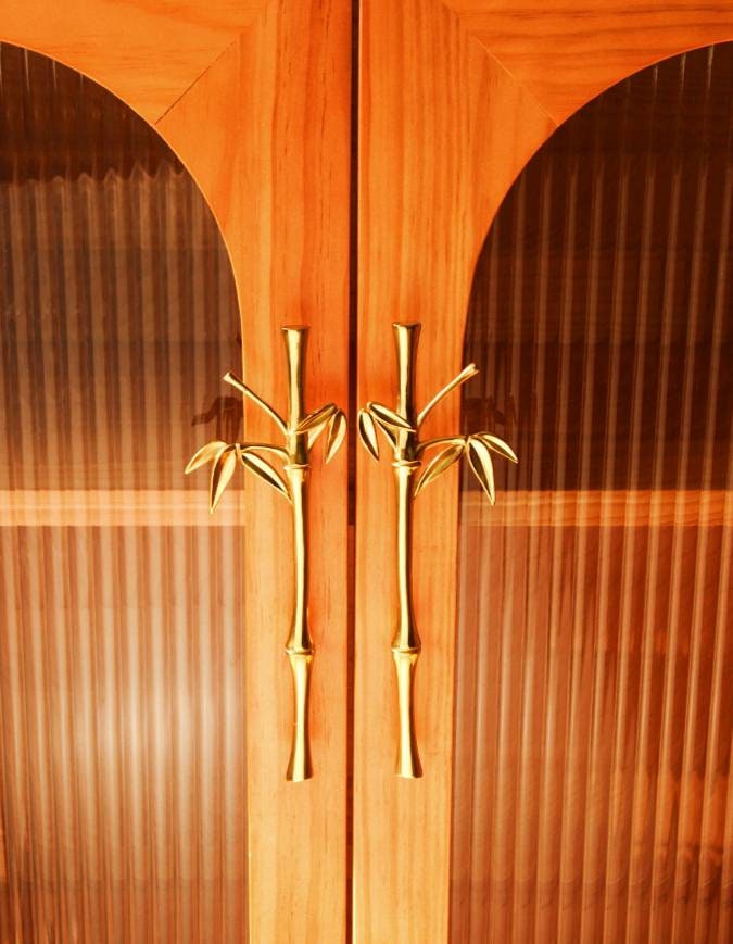 A Pair of shiny gold brass bamboo branch handles/Oriental design door handles/Wardrobe handles/Bamboo design drawer pulls/Brass hardware