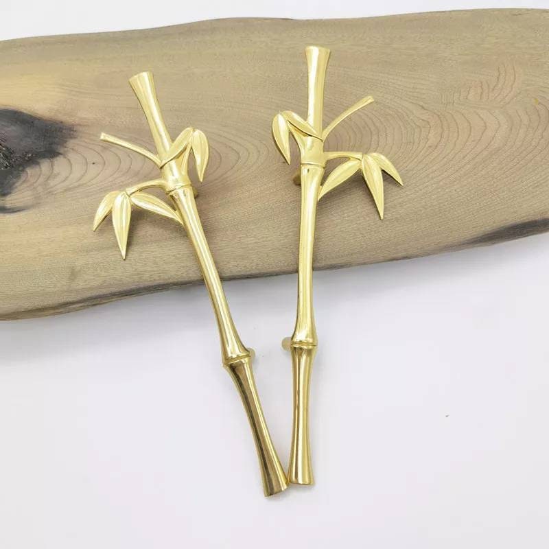 A Pair of shiny gold brass bamboo branch handles/Oriental design door handles/Wardrobe handles/Bamboo design drawer pulls/Brass hardware
