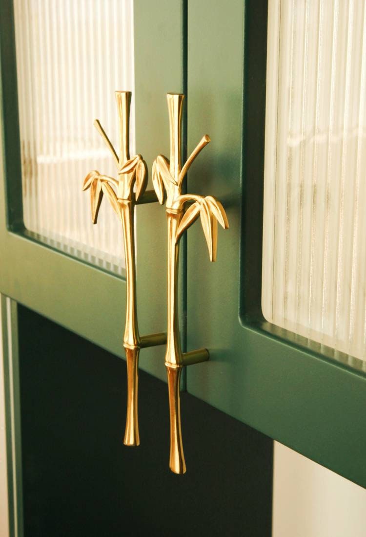 A Pair of shiny gold brass bamboo branch handles/Oriental design door handles/Wardrobe handles/Bamboo design drawer pulls/Brass hardware