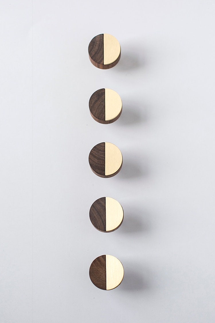 Round walnut wood and gold brass inlay cabinet Pull/Geometric semicircular pattern drawer handle/Gold brass and dark wooden door handle