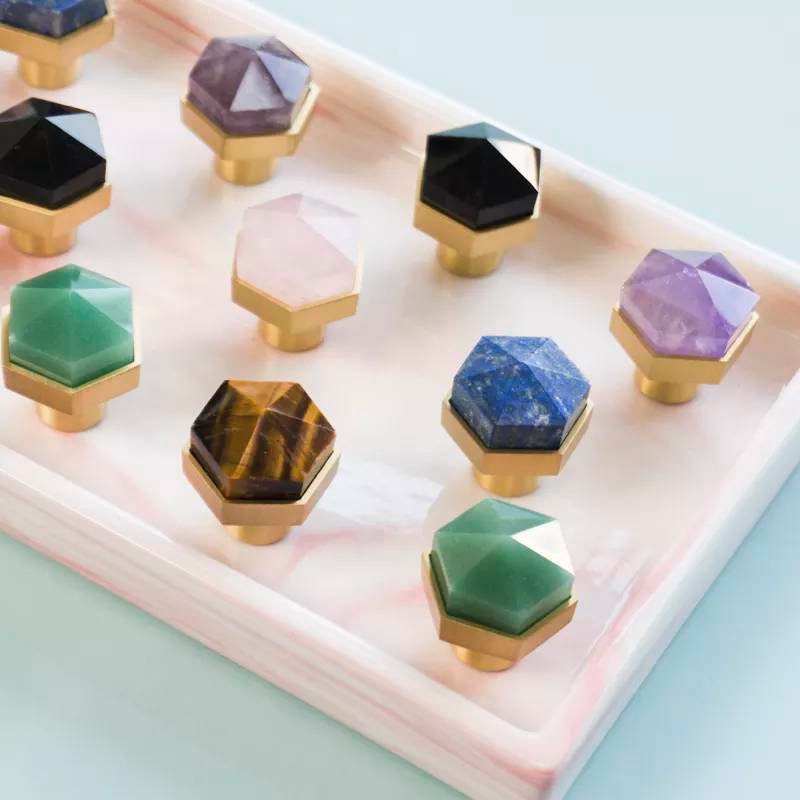 Black shiny Obsidian hexagonal drawer knob/Semi precious stone and brass hexagonal cabinet pull/Black stone cabinet handle/Gemstone handle