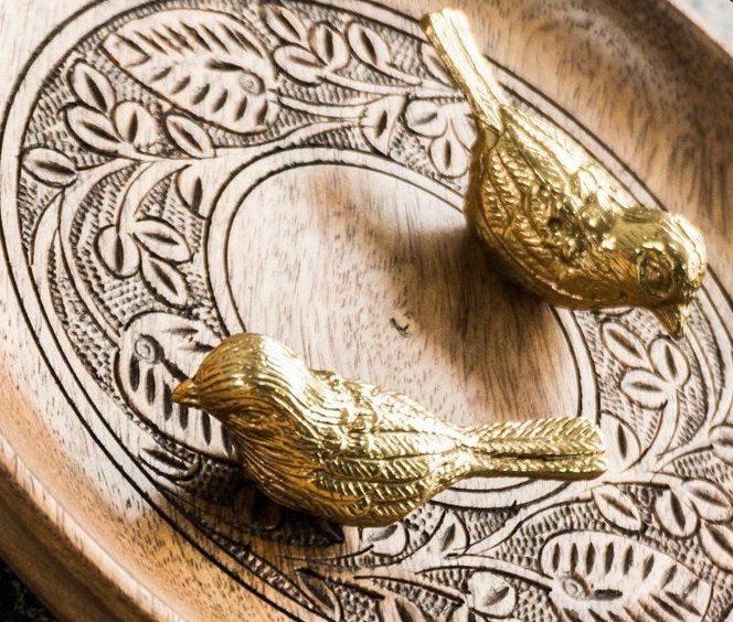 Small detailed gold bird drawer handle/Gold brass sparrow shaped cabinet pull/small chickadee door knob/nursery furniture hardware/gold bird